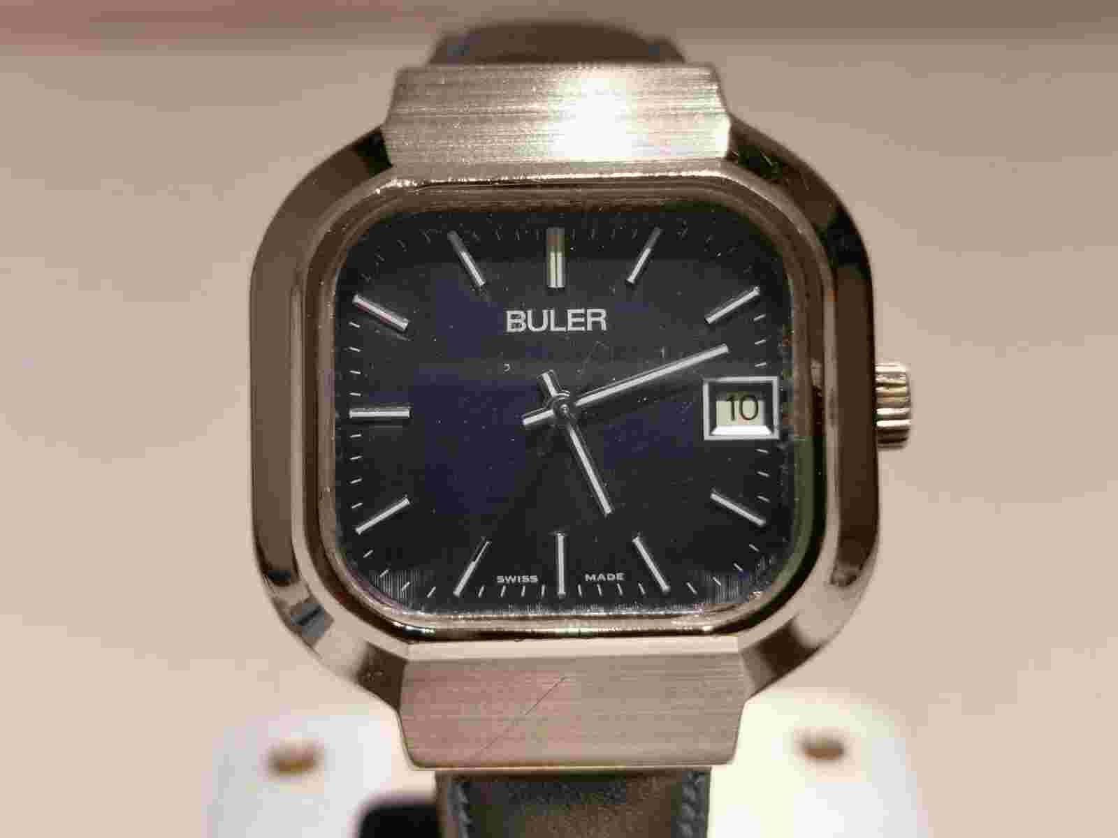 VINTAGE RARE NICE TV MODEL SWISS MEN'S CHROMED QUARTZ WATCH "BULER" /BLUE DIAL