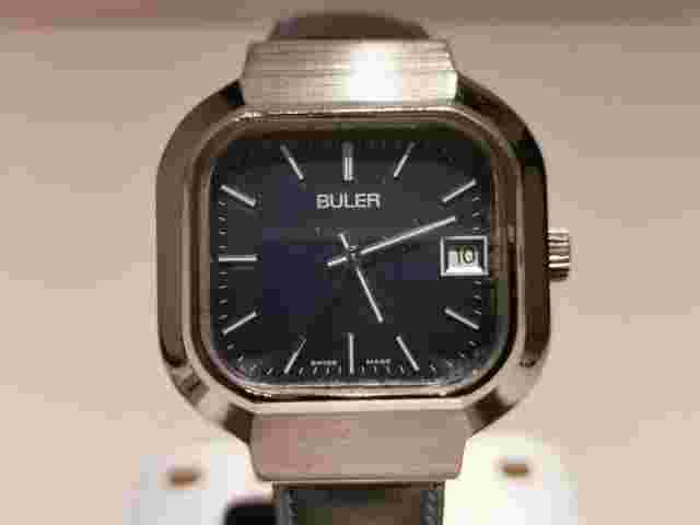 VINTAGE RARE NICE TV MODEL SWISS MEN'S CHROMED QUARTZ WATCH "BULER" /BLUE DIAL