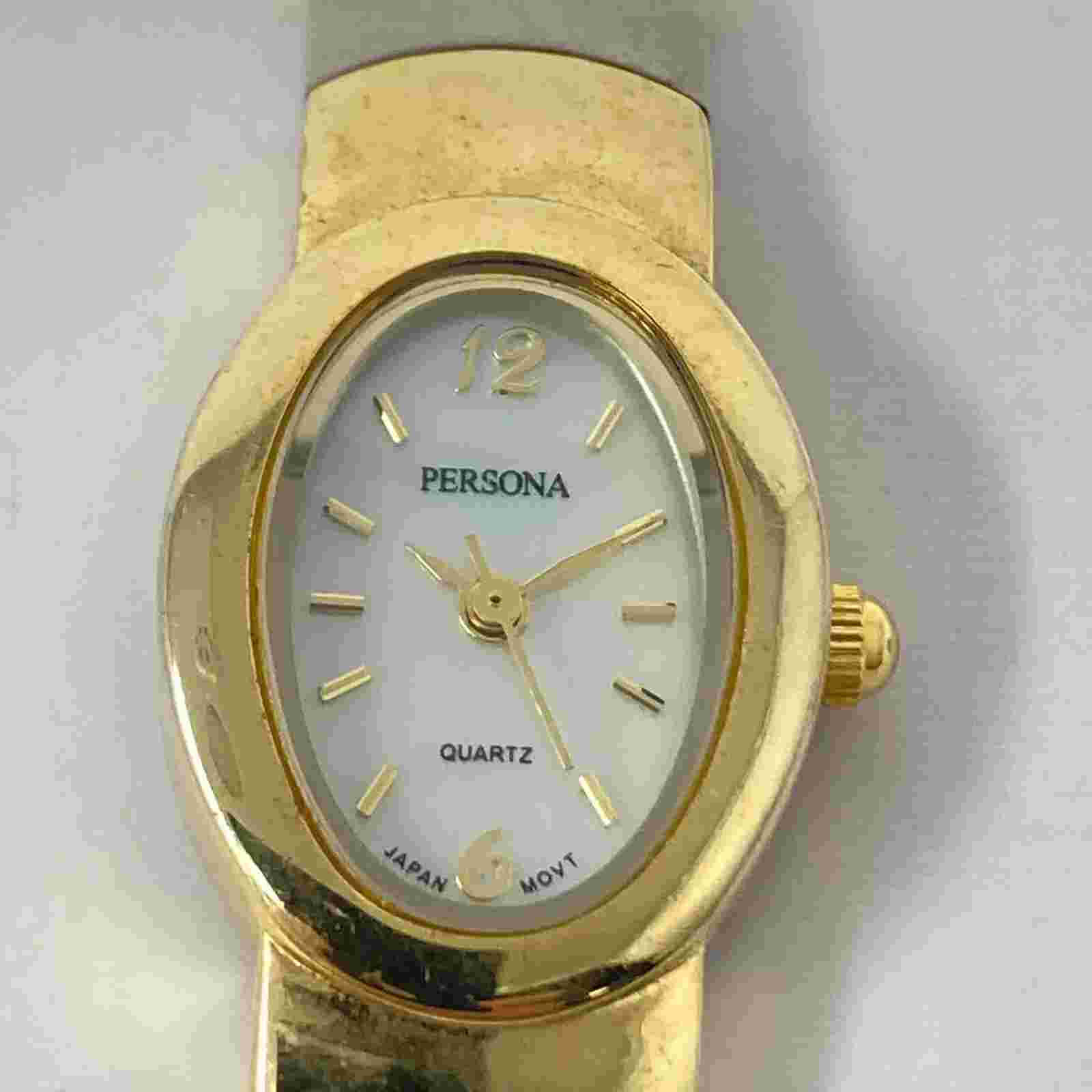 Persona Cuff Watch Women Silver Gold Two Tone 19mm MOP Dial New Battery 6.5"
