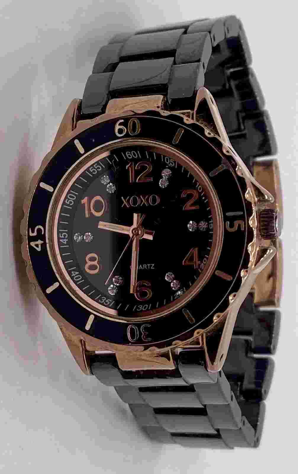 XOXO Ladies Watch New Battery Elegant Black Gold Accents Iced Dial 6-1/2” Band