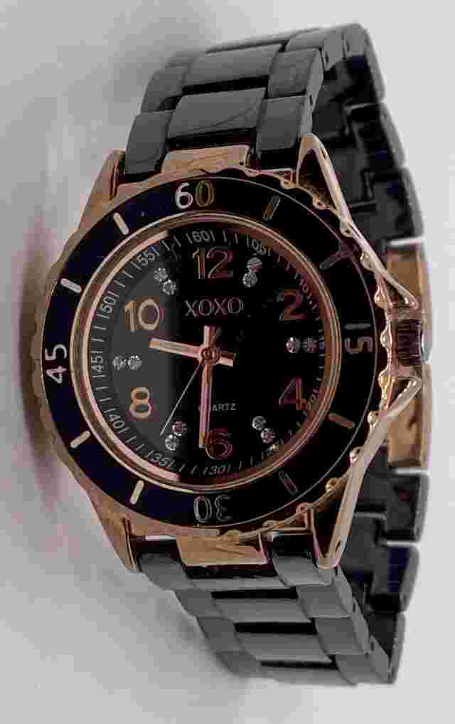 XOXO Ladies Watch New Battery Elegant Black Gold Accents Iced Dial 6-1/2” Band