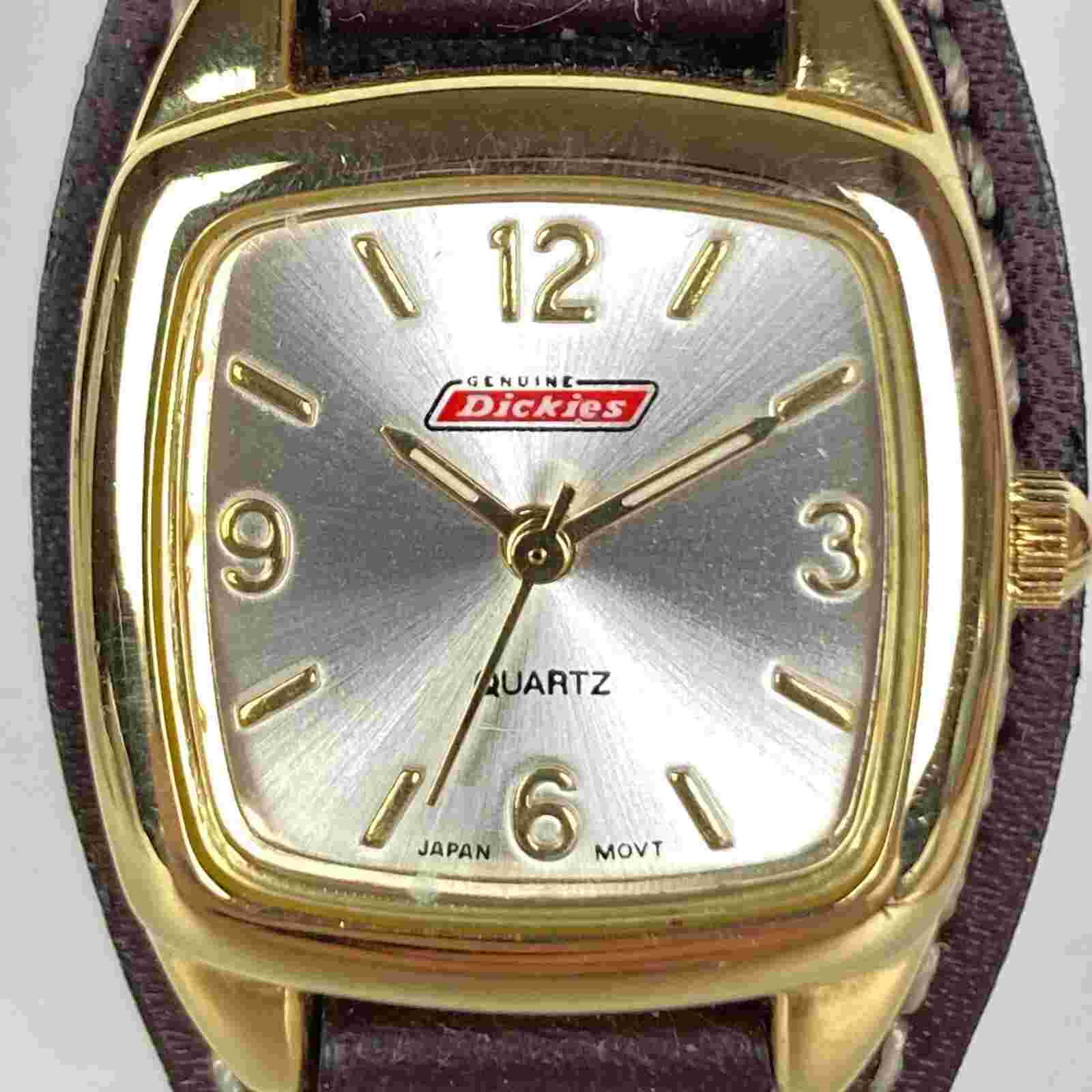 Dickie's Watch Women 24mm Gold Tone Brown Leather Cuff Square New Battery 8"