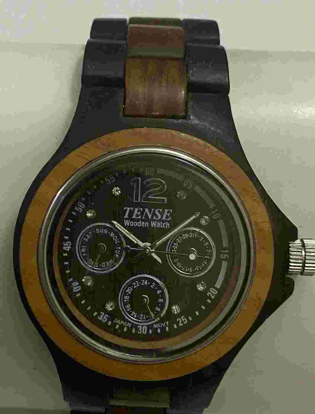 Tense Wood Watch Day Date Quartz Watch FOR PARTS/NOT WORKING! Case Back Bad