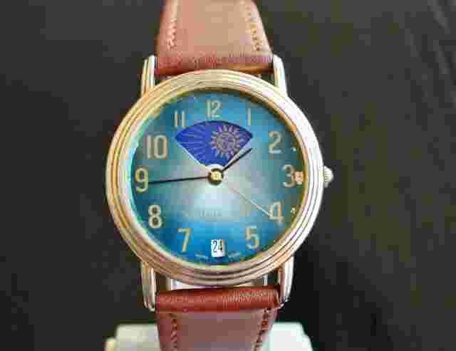 VINTAGE WILLOW BAY DATE ELEGANT MOON PHASE QUARTZ MEN'S GOLD BROWN LEATHER WATCH