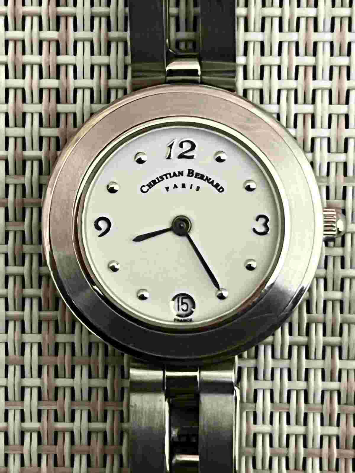 Christian Bernard Paris Womens SS Date Wristwatch Watch w/ Screw Head Bracelet