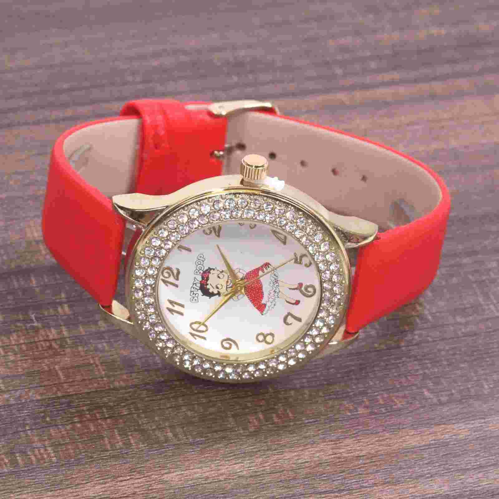 Betty Boop Women's Gold Finish Analog Wristwatch Metal Red Leather Band