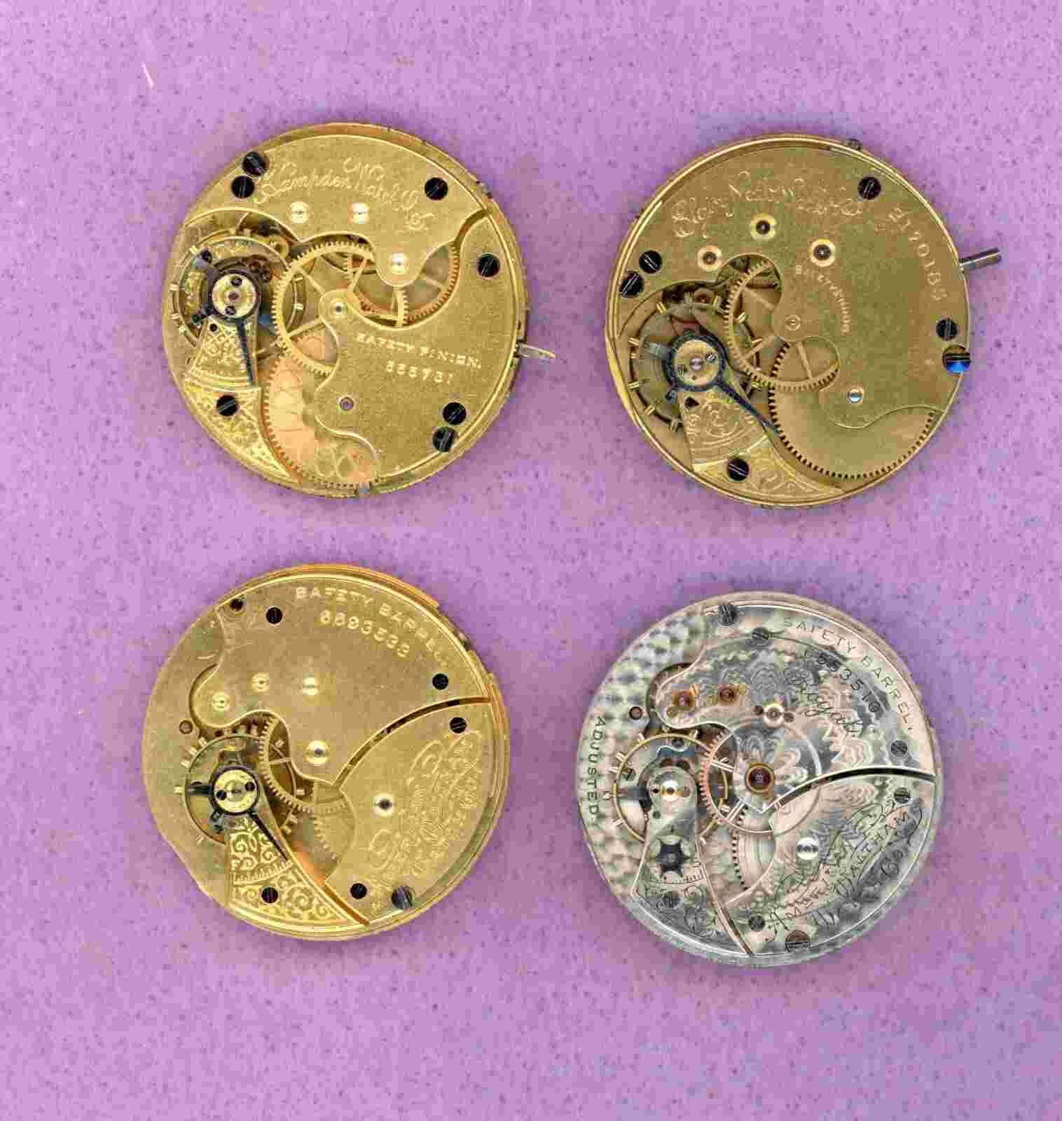 AMERICAN WALTHAM, ELGIN, HAMPDEN ~ POCKET WATCH WORKS ~ SET OF 4