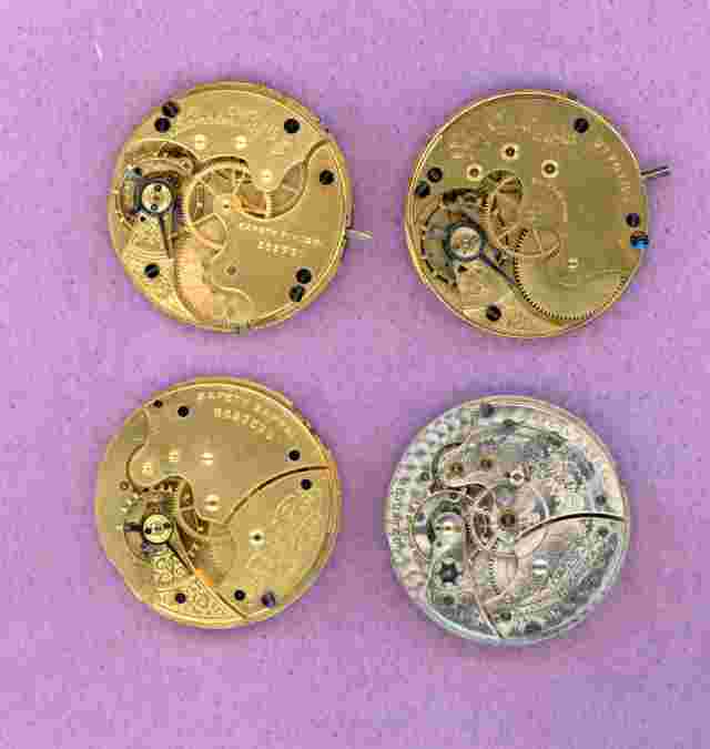AMERICAN WALTHAM, ELGIN, HAMPDEN ~ POCKET WATCH WORKS ~ SET OF 4