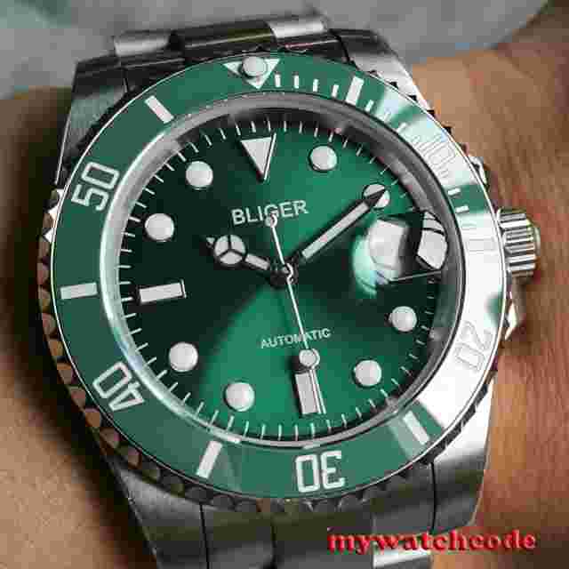 40mm Bliger Green Dial Ceramic Bezel PT5000 NH35A Miyota Automatic Mens Watch