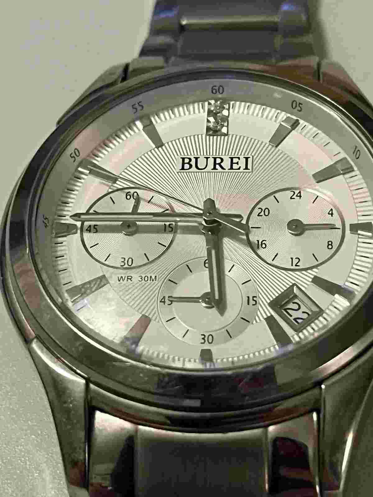 Burei S-17005M Men's Stainless Steel Band Needs New Battery Complete Band READ