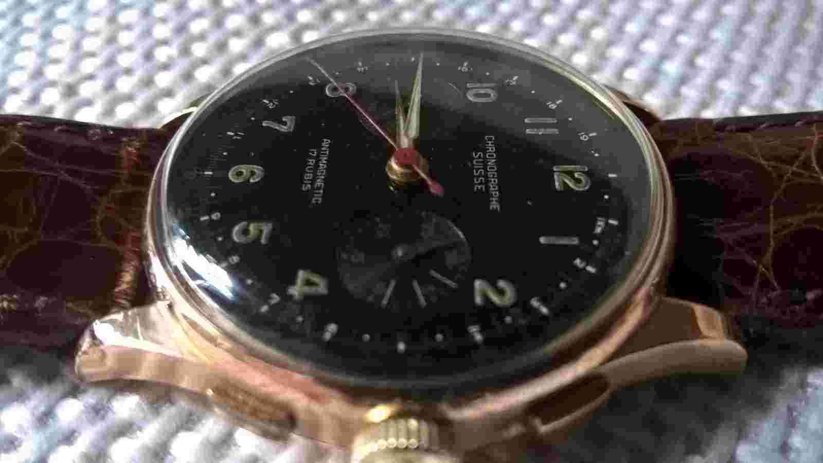 18K GOLD CHRONOGRAPH MILITARY GOLD CHRONOGRAPH MOV. LANDERON BLACK DIAL