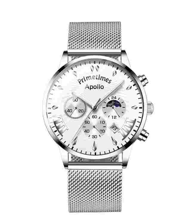 PRIMETIMES APOLLO MENS WATCH PT1994 QUARTS WATERPROOF Silver With Silver Strap