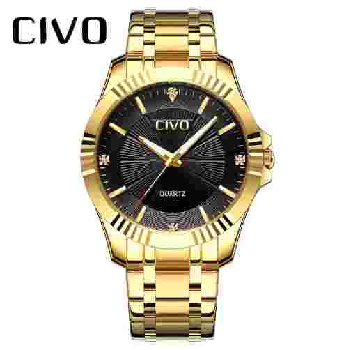 Mens Wrist Watch Quartz Movement Big Face 40mm Gold Tone Stainless Band Civo