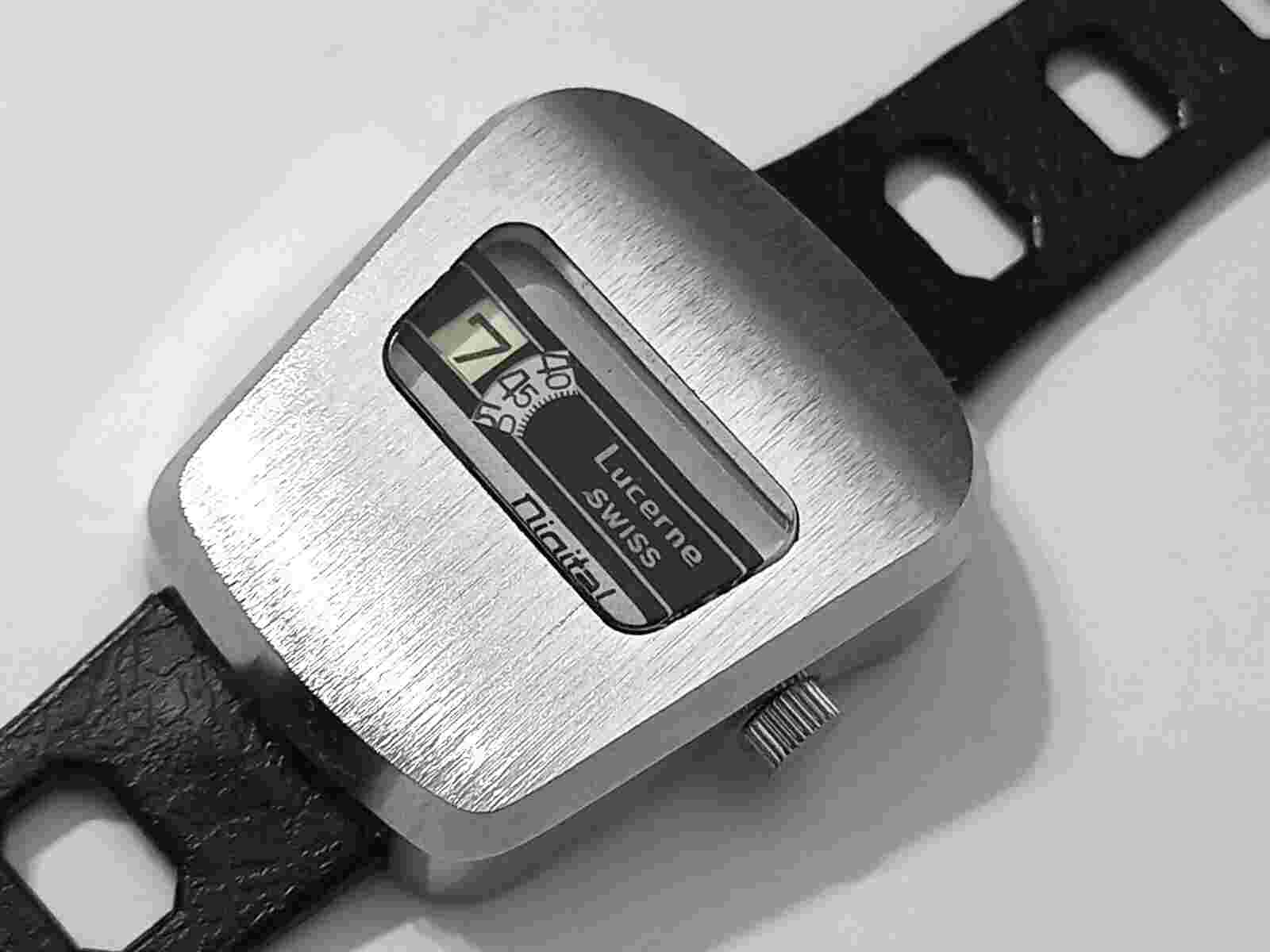 NOS 1960-70'S SWISS LUCERNE DIGITAL JUMP HOUR MANUAL WATCH + SWISS RUBBER STRAP