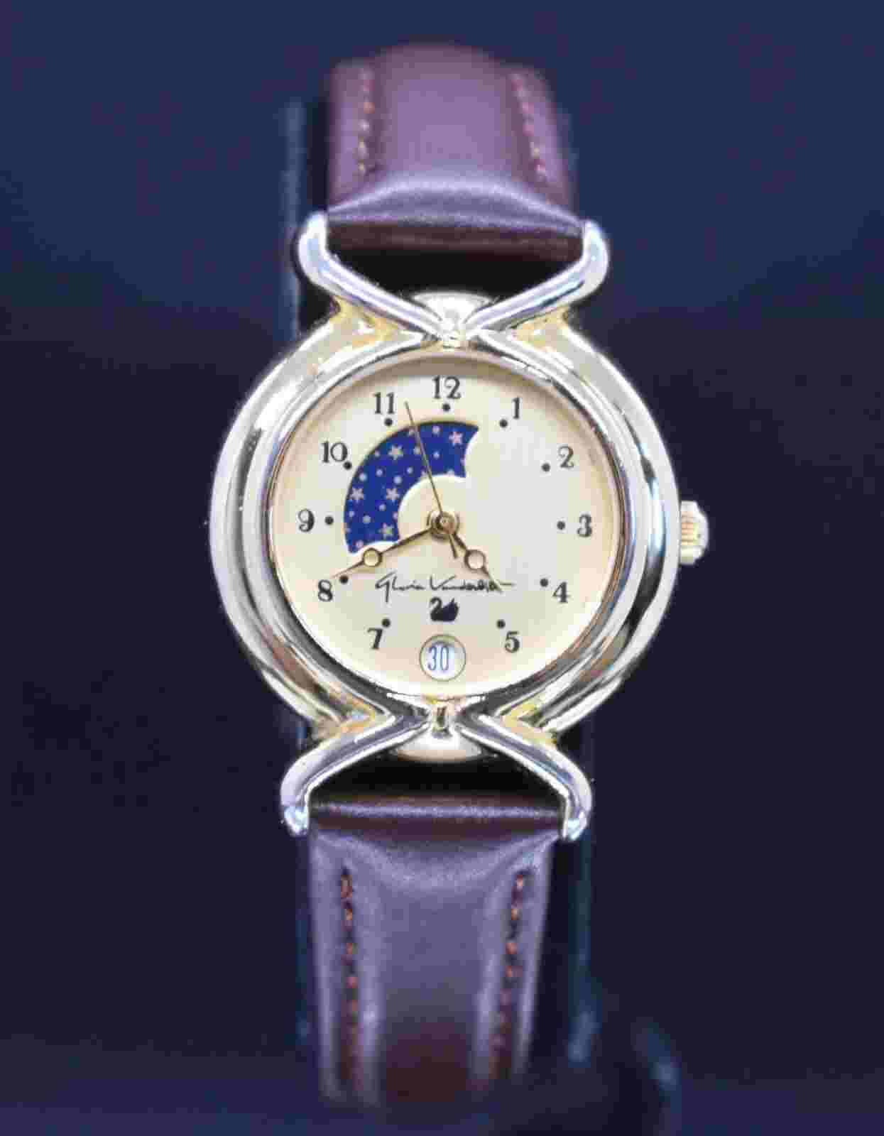 Vtg GLORIA VANDERBILT Moon Phase Watch Women Gold Tone Leather NEW BATTERY, BAND