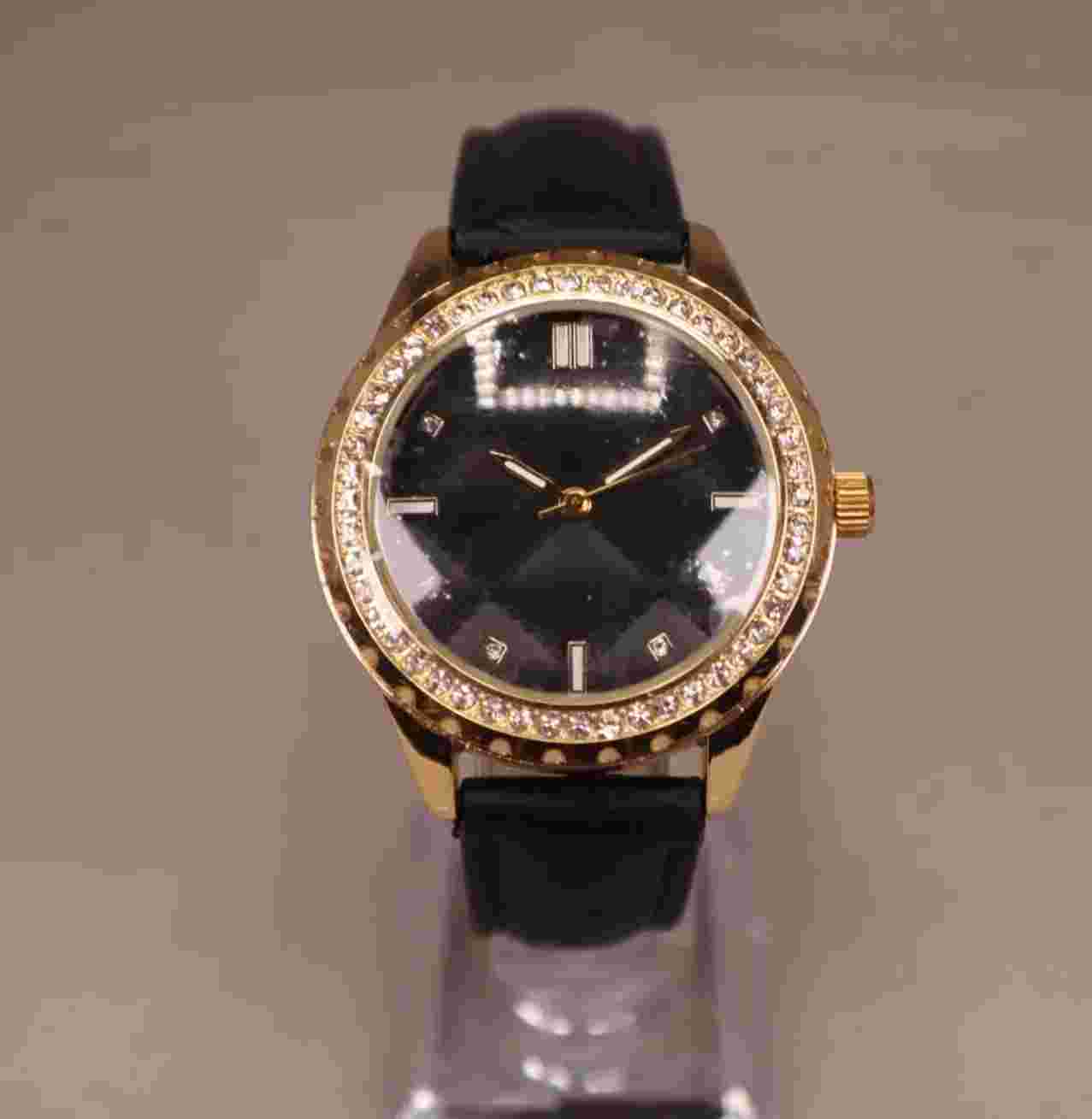 Adrienne Vittadini Womens Watch Iced Bezel Black Quilt Dial with New Battery