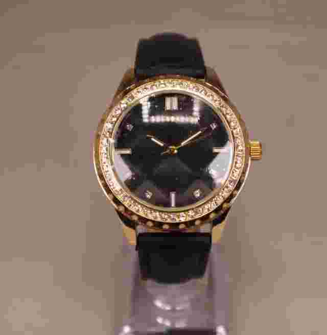 Adrienne Vittadini Womens Watch Iced Bezel Black Quilt Dial with New Battery