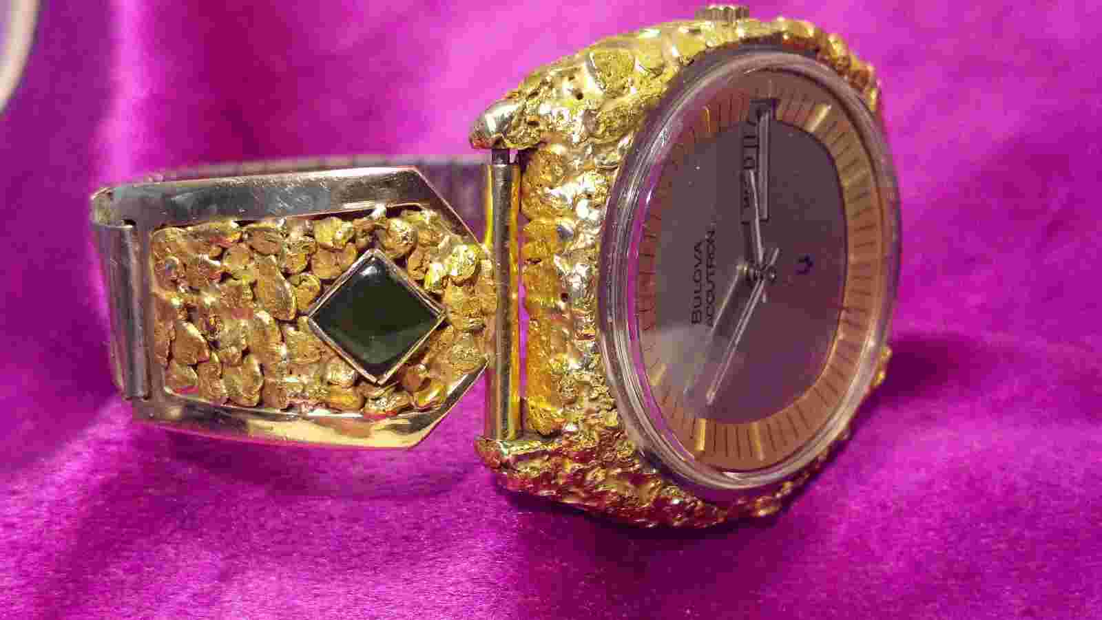 VINTAGE 10K 23K ALASKA GOLD NUGGET ACCUTRON PIPELINE WATCH HEAVY JADE SHARP!!