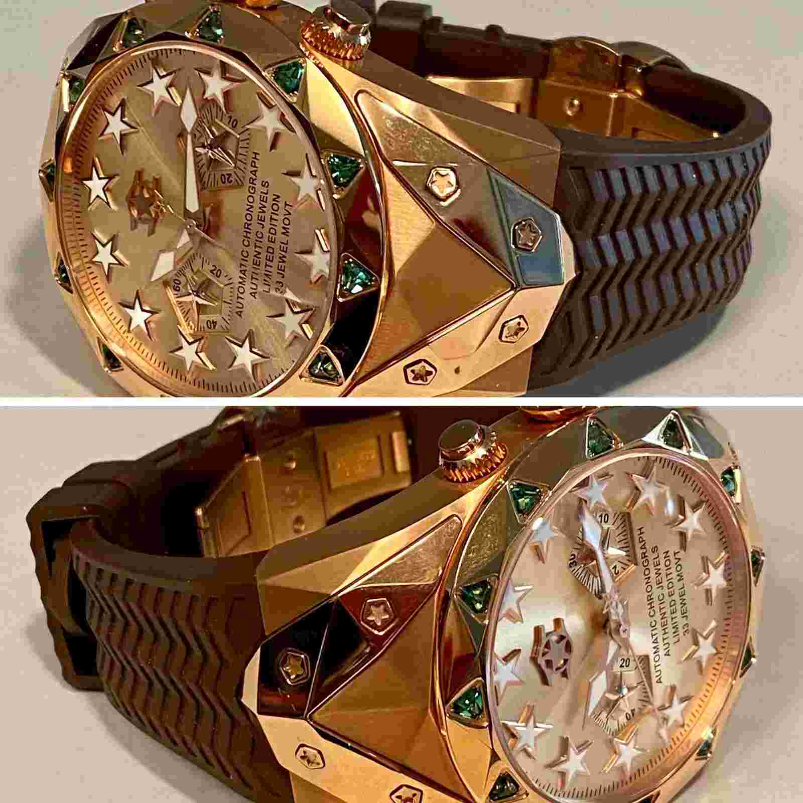 48mm Auto 33J Chrono SUPERSTAR Rosetone/Brown | Green Gems WatchStar Mens Watch