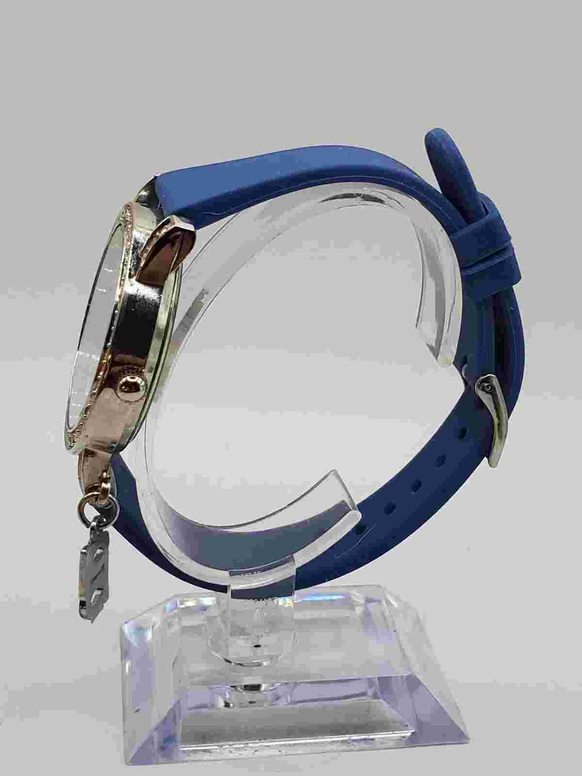 BeBe Ladies Gemmed Quartz Watch 39mm Round Silver Tone Blue Silicone Band