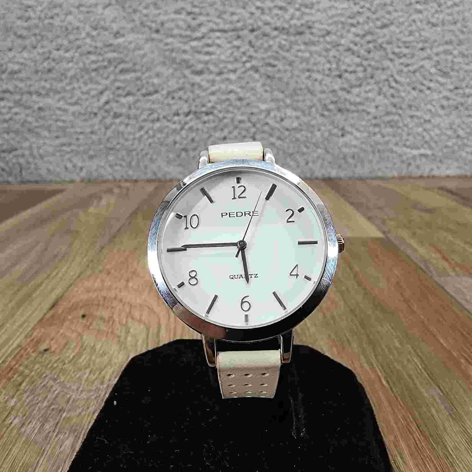 Pedre Women's Silver-Tone White Leather Perforated Band Wrist Watch