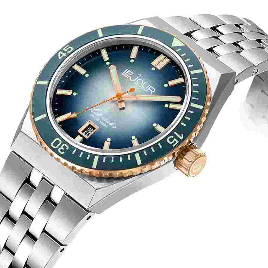 Le Jour Delmare Automatic Divers Watch Blue/Gold Sunray. Authorised Dealer