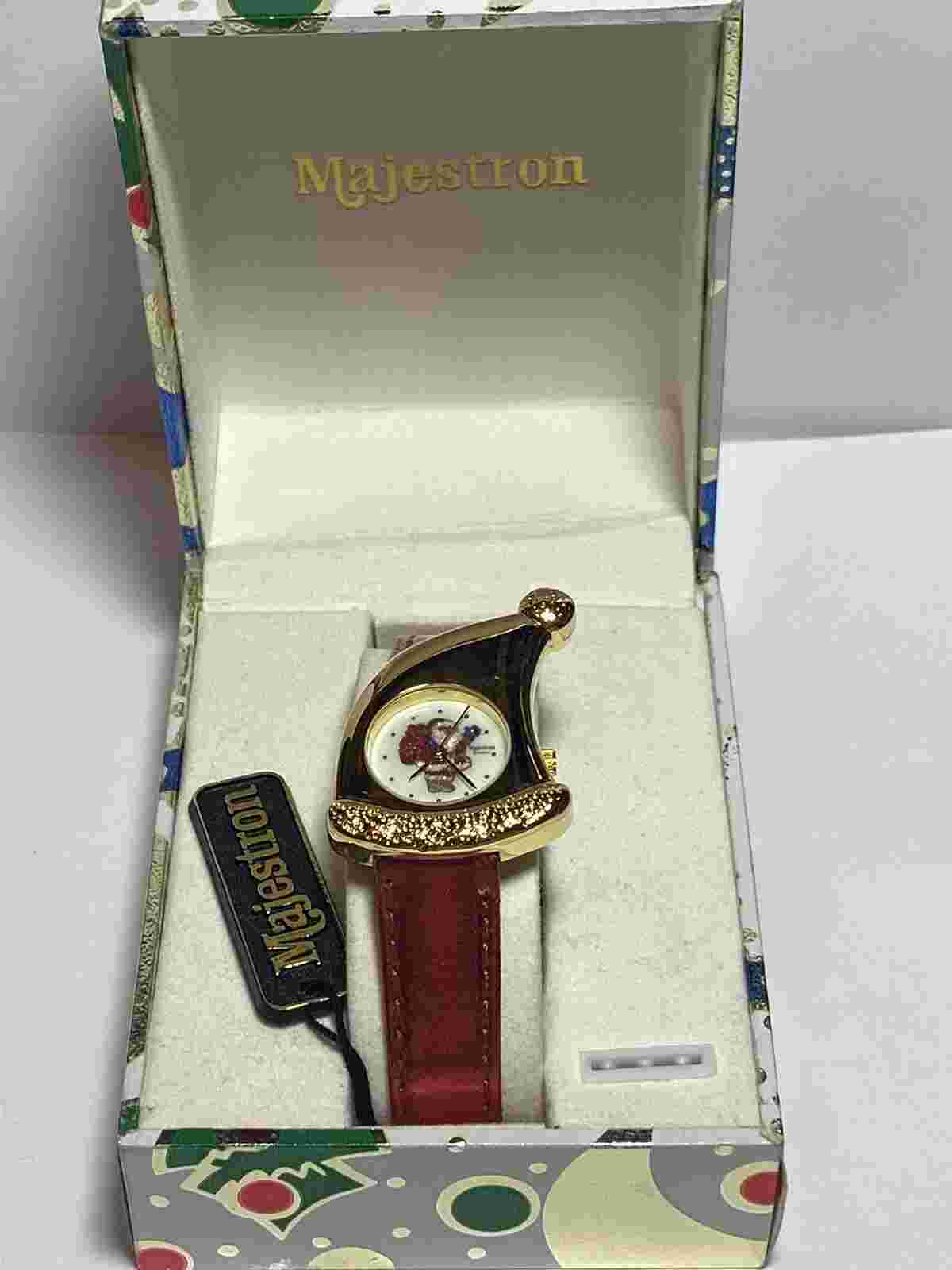 Vintage Metallic Red Leather Gold Sparkly Santa Christmas Watch NIB Majestron