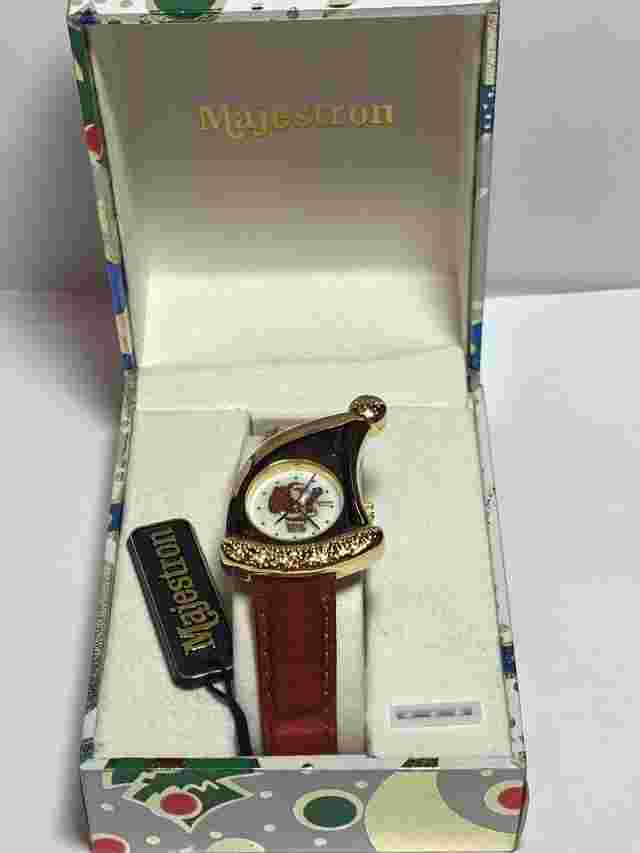 Vintage Metallic Red Leather Gold Sparkly Santa Christmas Watch NIB Majestron