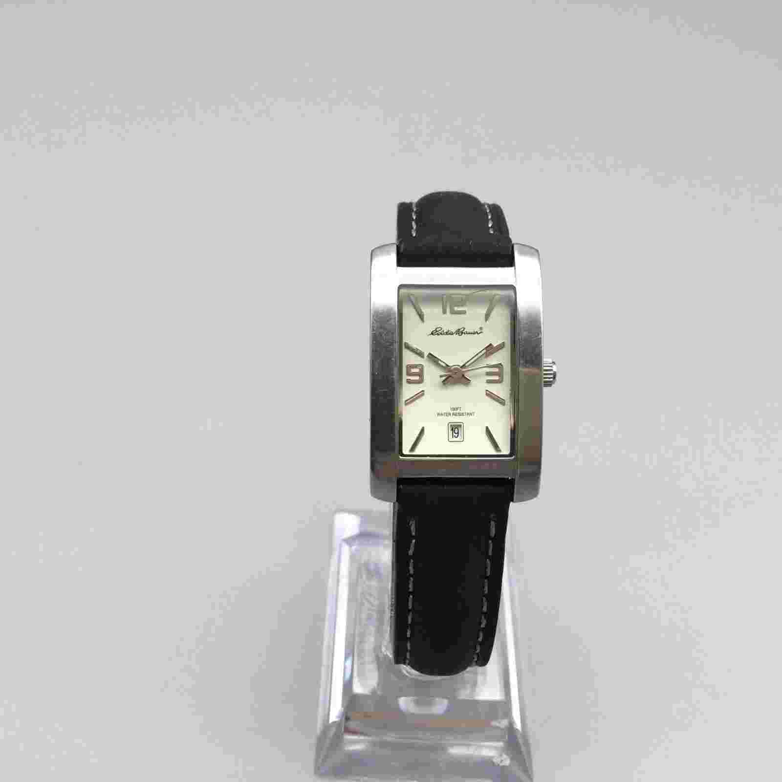 Eddie Bauer Tank Watch Women 21mm Silver Tone Date Leather Band New Battery