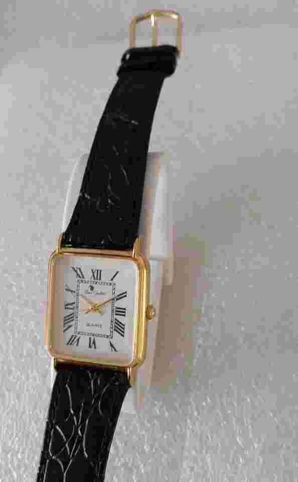 Luis  Santini Unisex Gold Tone Tank Style Quartz Watch With A Black Leather...