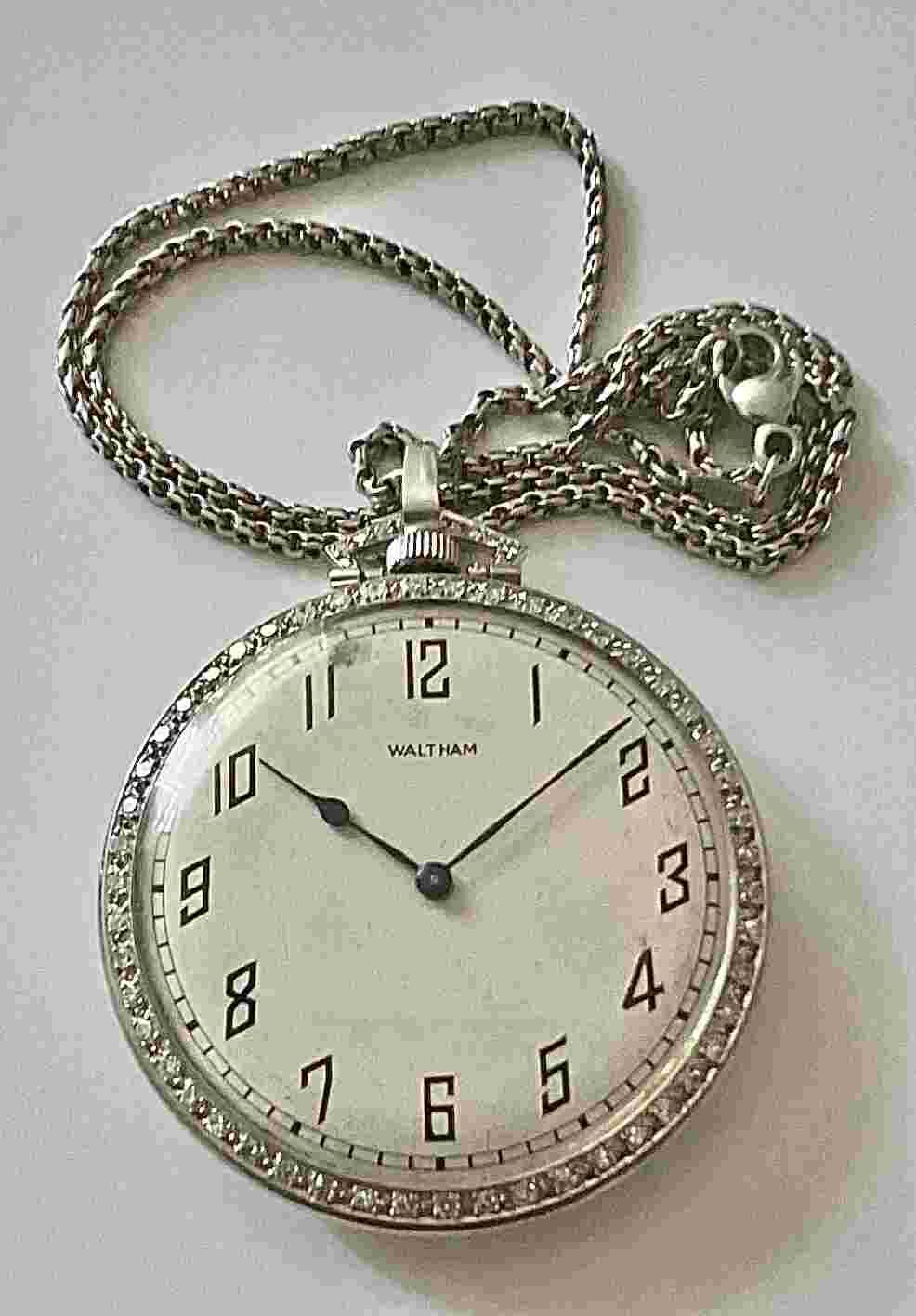 Important Antique Waltham Platinum & Diamonds Pocket Watch W/  Platinum Chain