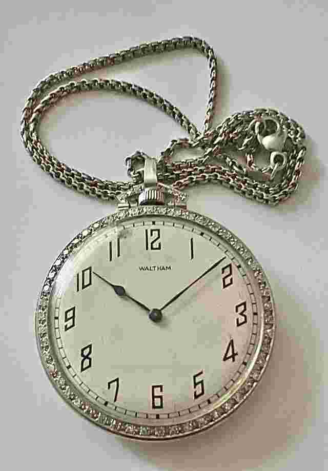 Important Antique Waltham Platinum & Diamonds Pocket Watch W/  Platinum Chain
