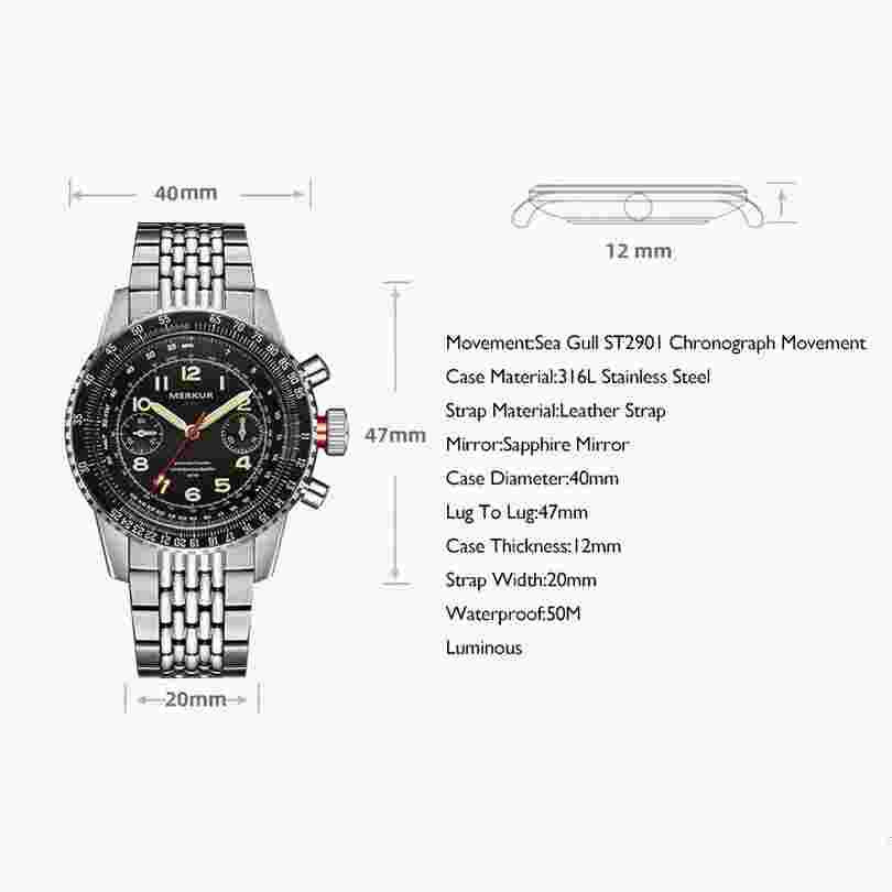 MERKUR Men Chronograph Watch 40MM Pilot Manual Wind Mechanical Luminous TY2901