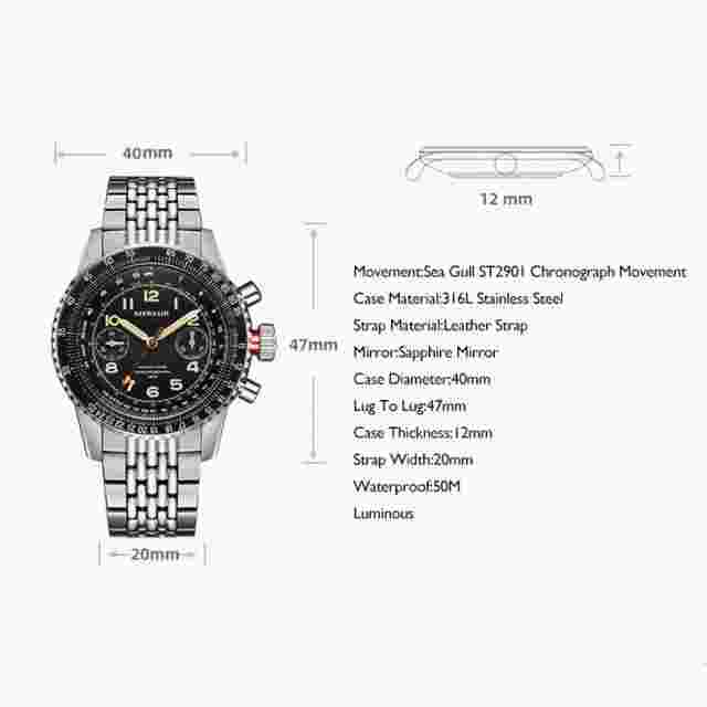 MERKUR Men Chronograph Watch 40MM Pilot Manual Wind Mechanical Luminous TY2901