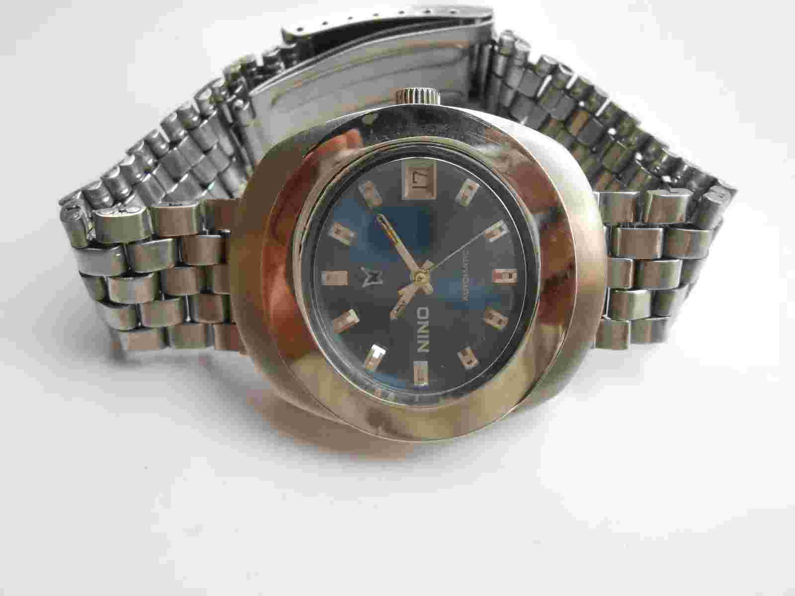 RARE VINTAGE SWISS SS BLUE OVAL DIAL & CASE SS NINO DAY|DATE MEN AUTOMATIC WATCH