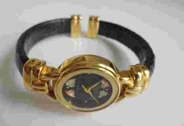 Black Hills Gold 12K Gold Leaves Black Leather Hinged Wristwatch Up to 7.5"