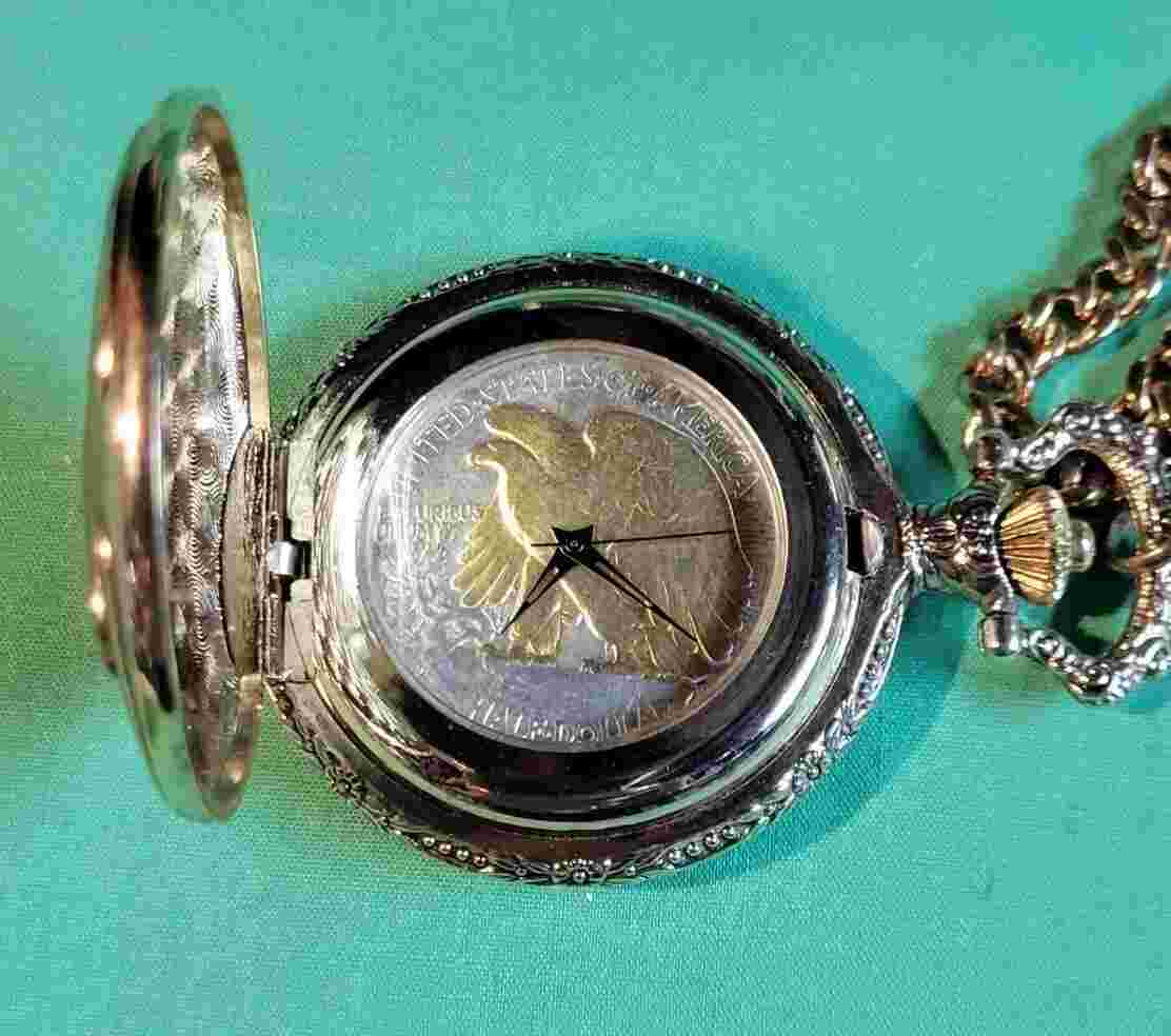Brittania Gold Tone Pocket Watch, Walking Liberty/Standing Eagle Coin