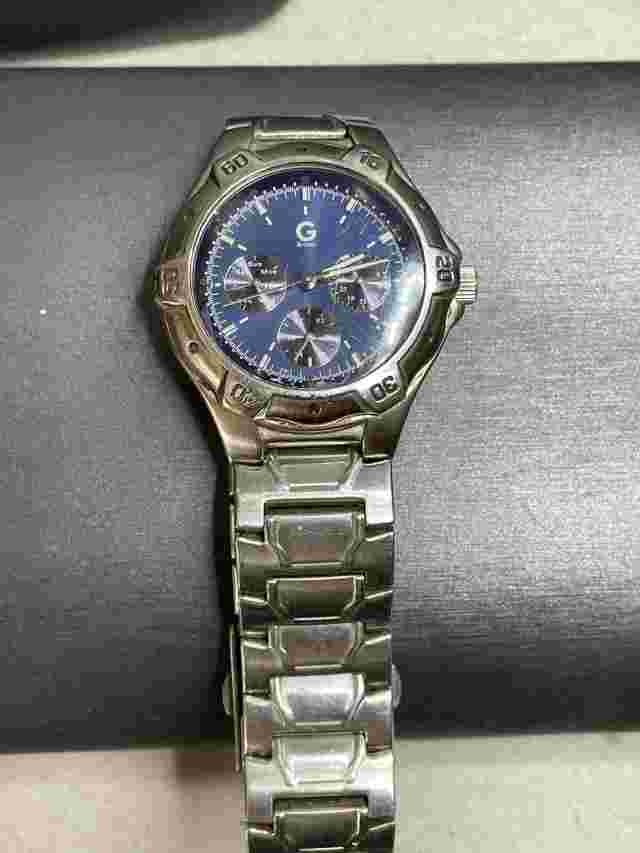 G By Guess Multi Function Blue Face Silver Tone Men’s Watch As Is Needs Battery