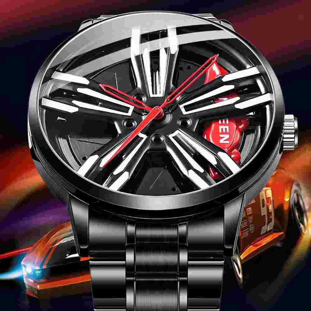 FNGEEN Business Mens Stainless Steel Watch Hollow Wheel Hub Quartz WatchWrist