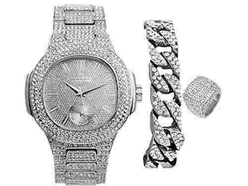 Bling Oblong Case Mens PP Look Watch with Cuban Bracelet and Ring 8475 CR Cuban