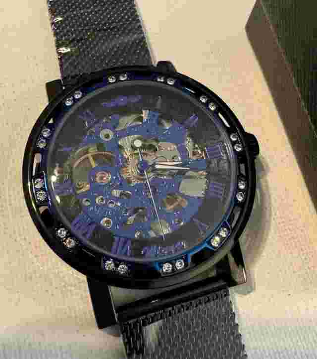Men’s Watch, Winner Brand, Stainless Steel, Black/ Blue, Open Box Condition