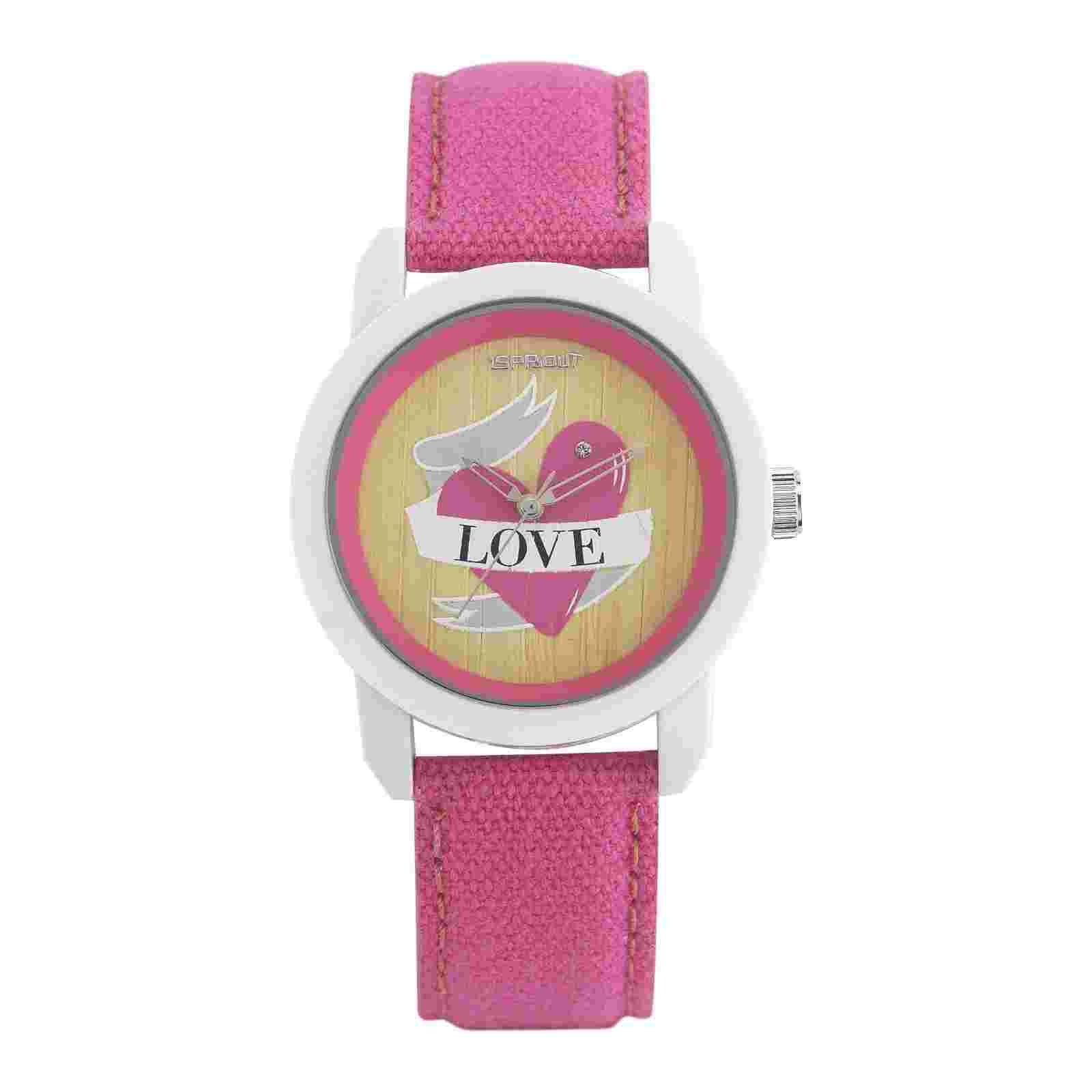 SPROUT PINK LOVE HEART CORN RESIN WHITE DIAL PINK STRAP CRYSTALS ACCENT ST/8001