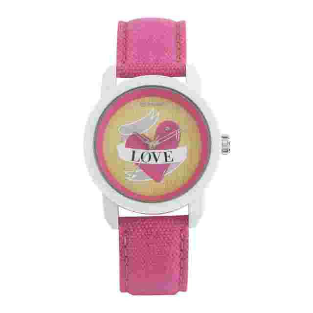 SPROUT PINK LOVE HEART CORN RESIN WHITE DIAL PINK STRAP CRYSTALS ACCENT ST/8001