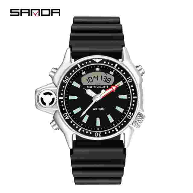 SANDA Dual Display Waterproof Chronograph Resin Band Backlight Alarm Watch