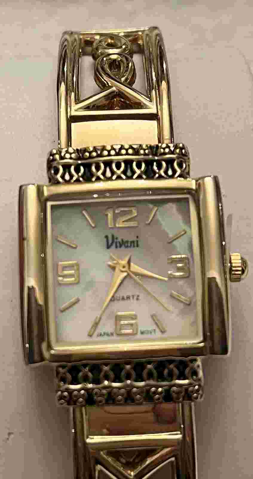 NEW Vivani Mother of Pearl Gold Tone Cancer Ribbon Square Quartz Watch