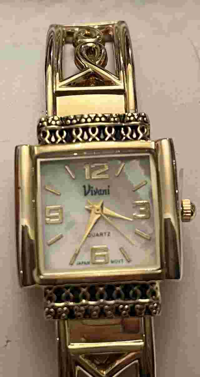 NEW Vivani Mother of Pearl Gold Tone Cancer Ribbon Square Quartz Watch