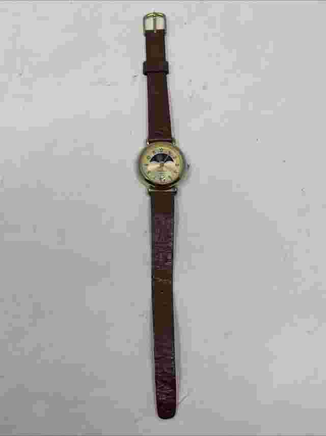 Vtg Bonjour Moon Phase Watch Women Gold Tone Date Leather Band. Read Description