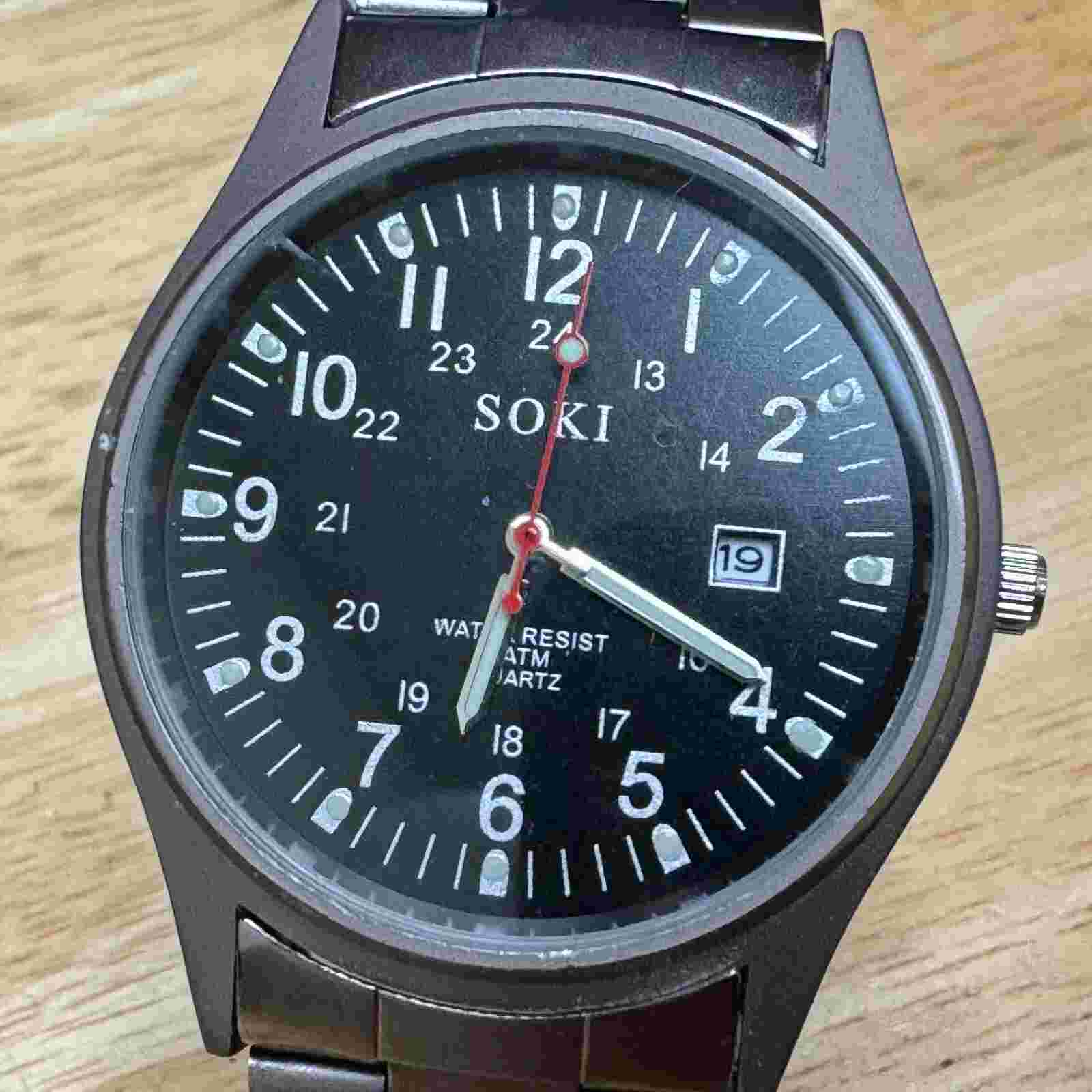 SOKI Quartz Watch Men 30m Silver Black Military Dial Date Analog New Battery