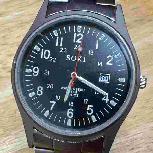 SOKI Quartz Watch Men 30m Silver Black Military Dial Date Analog New Battery