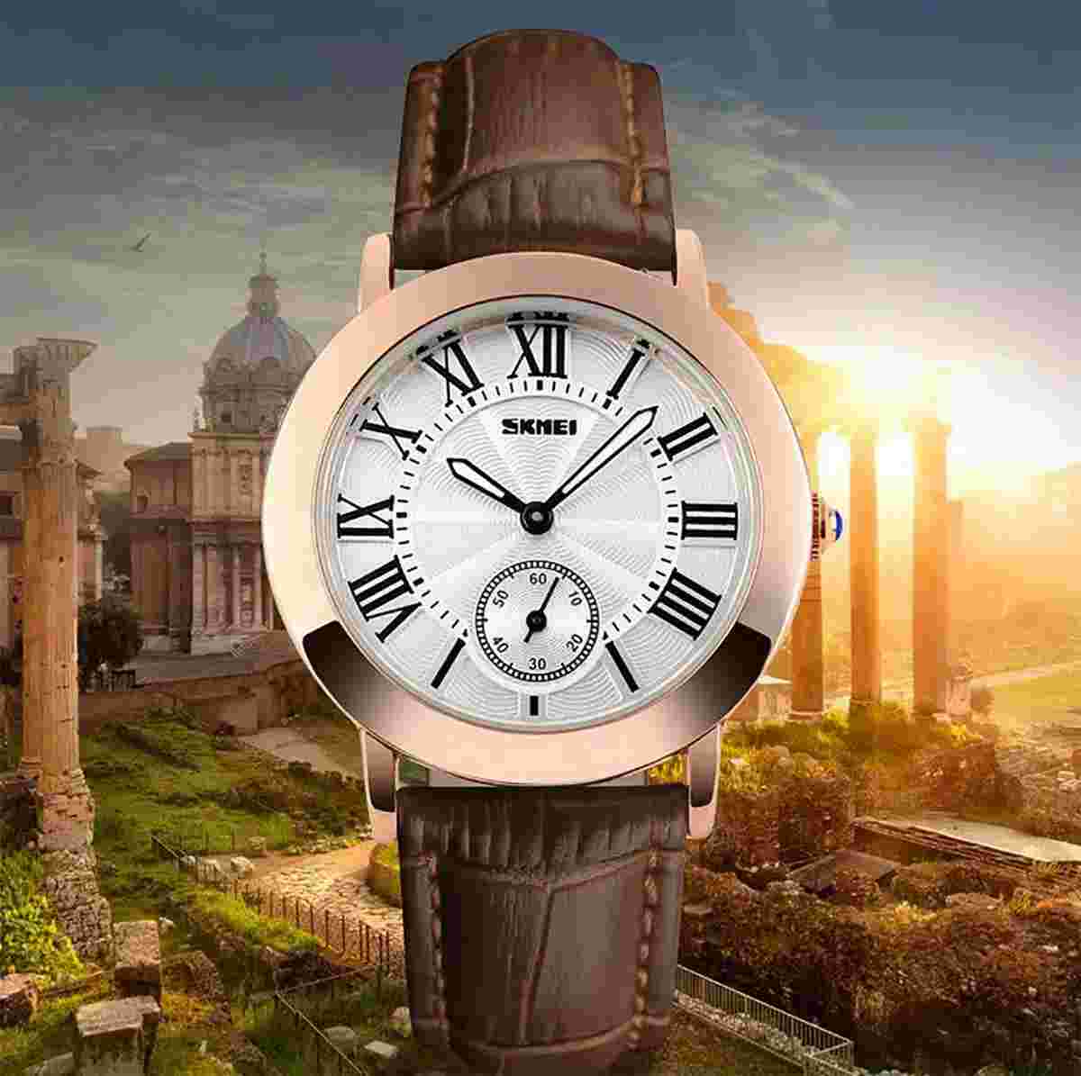Skmei Women's Watch Rose Gold Roman Numerals Brown Leather Strap UK